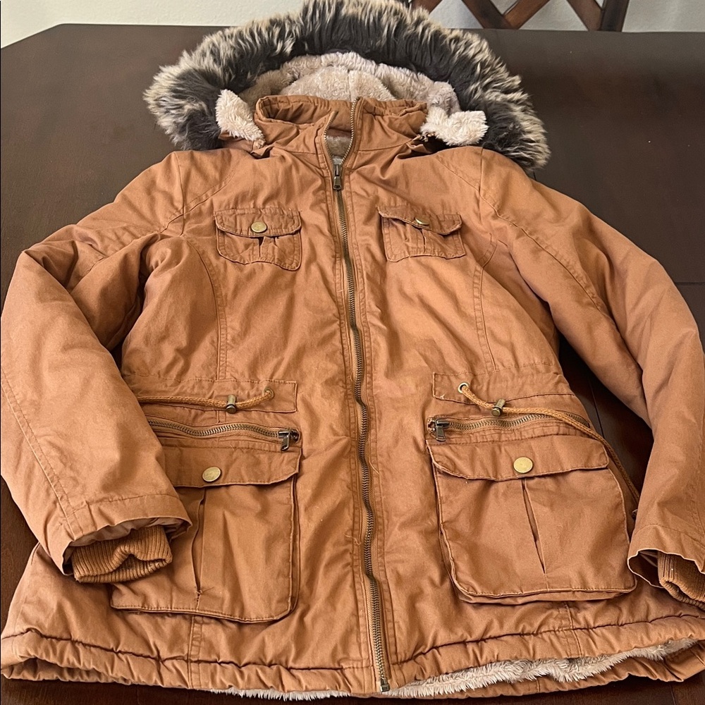 Womens YMI Tan Puffer Jacket with Faux Fur Hood